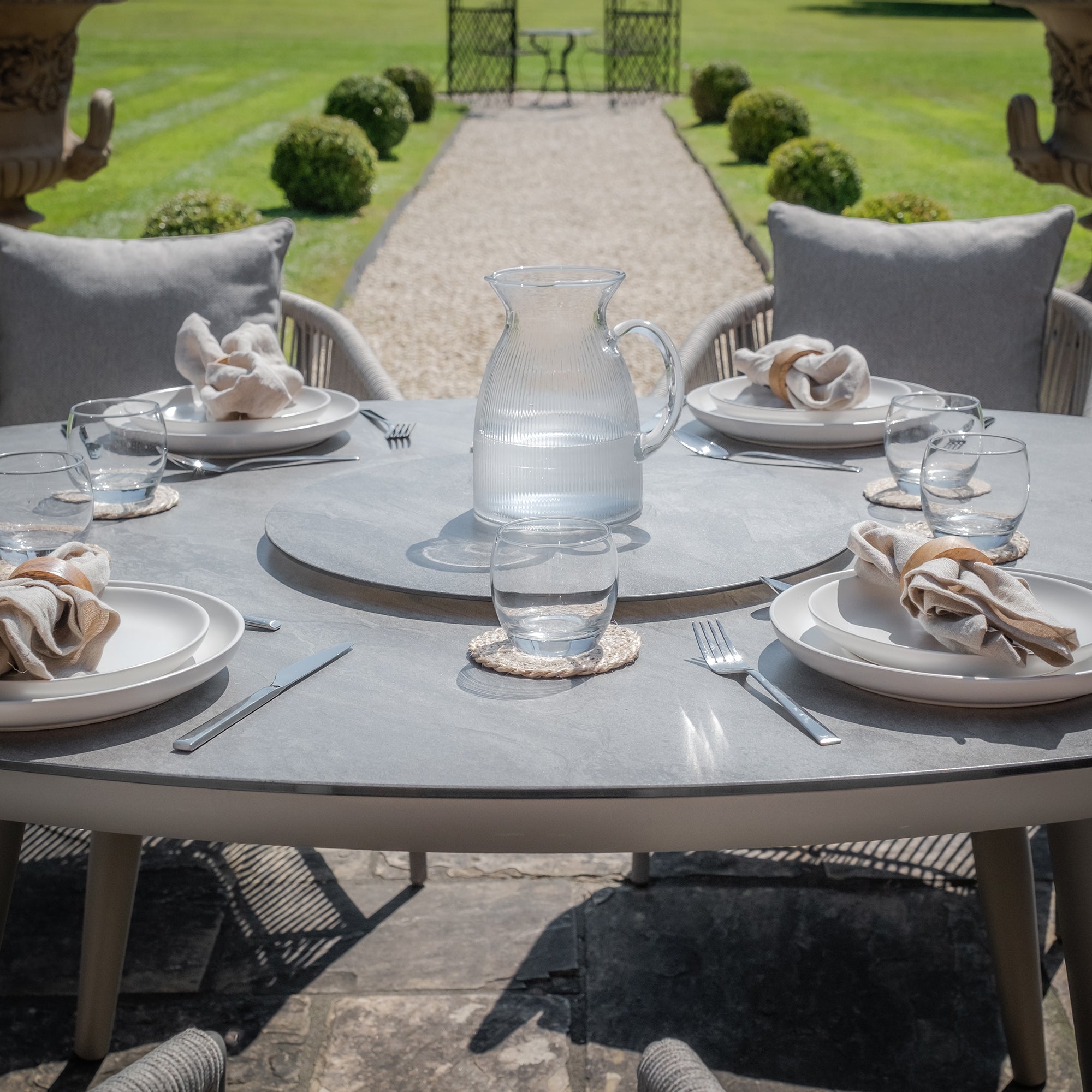 Maldives Grey Cool Linen Oval Outdoor Dining Set with Lazy Susan | 6 Seater