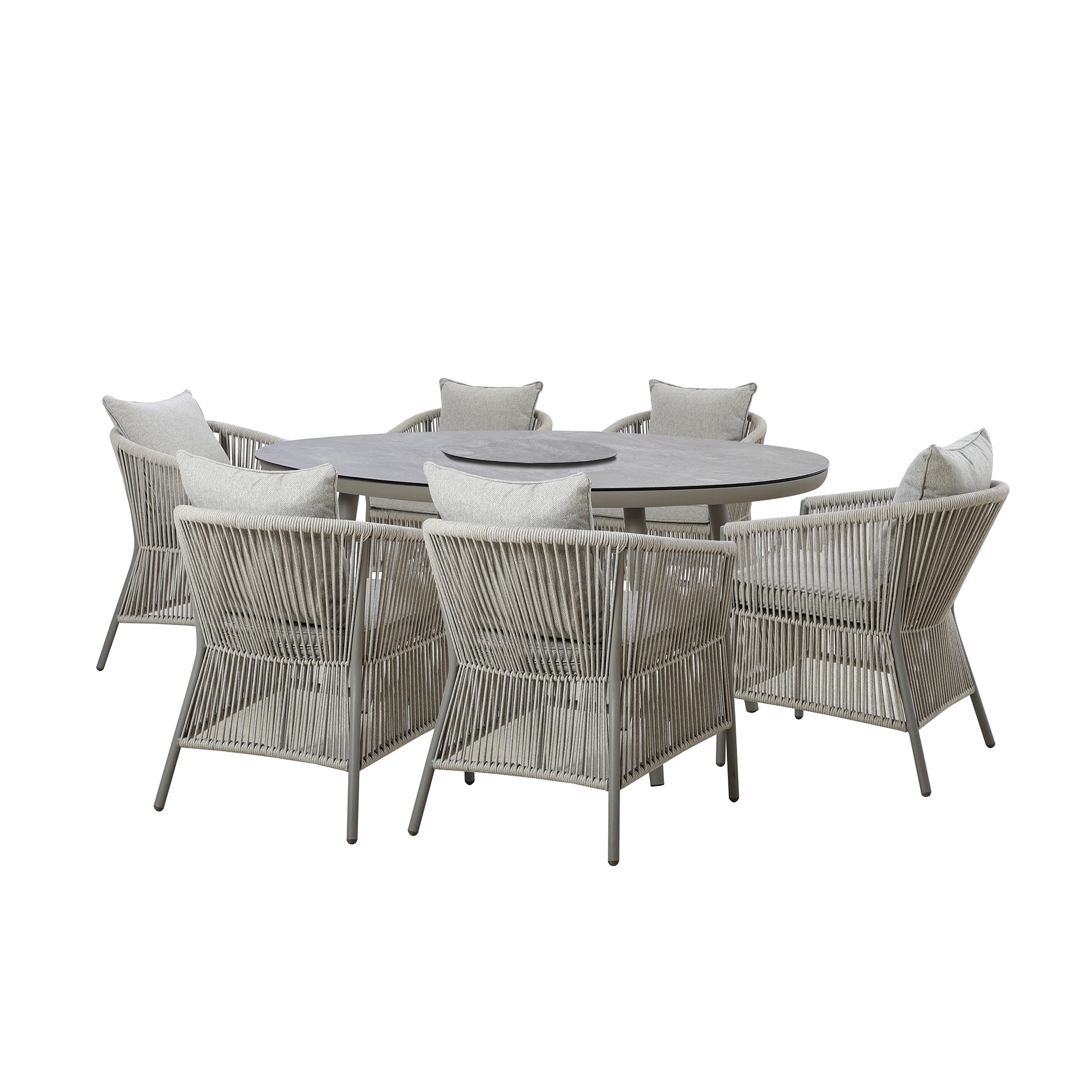 Maldives Grey Cool Linen Oval Outdoor Dining Set with Lazy Susan | 6 Seater
