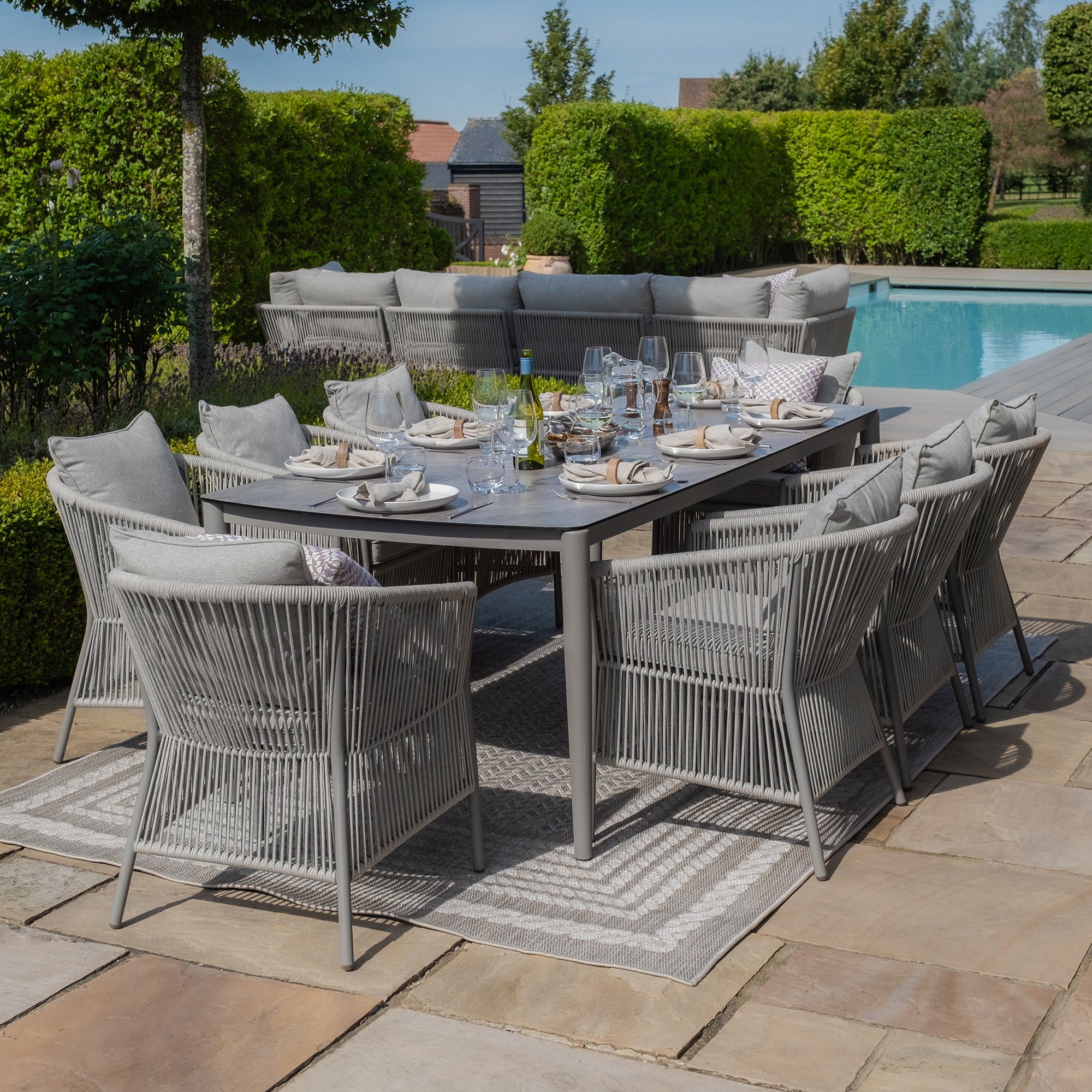 Maldives Grey Cool Linen Oval Outdoor Dining Set with Lazy Susan | 8 Seater