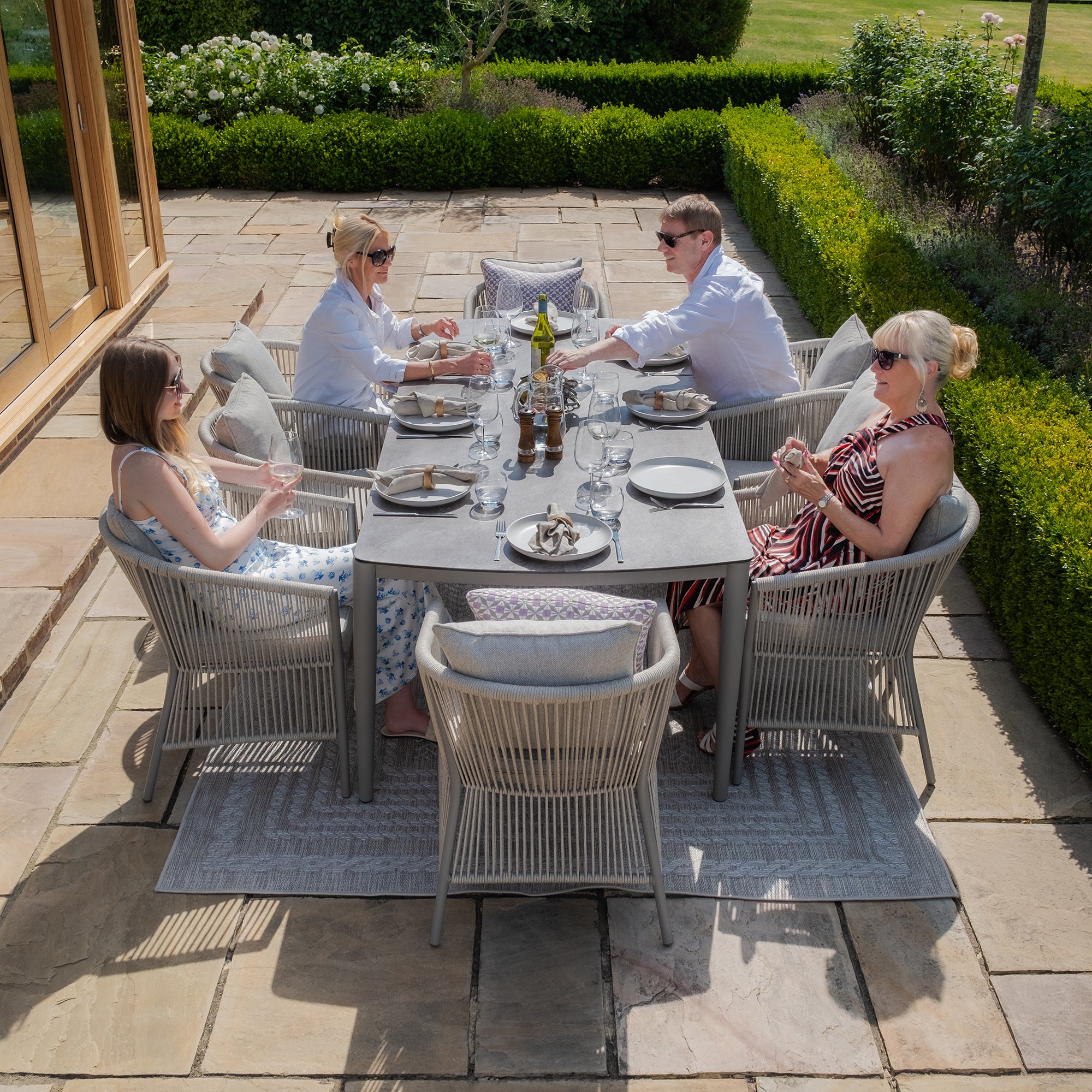 Maldives Grey Cool Linen Oval Outdoor Dining Set with Lazy Susan | 8 Seater