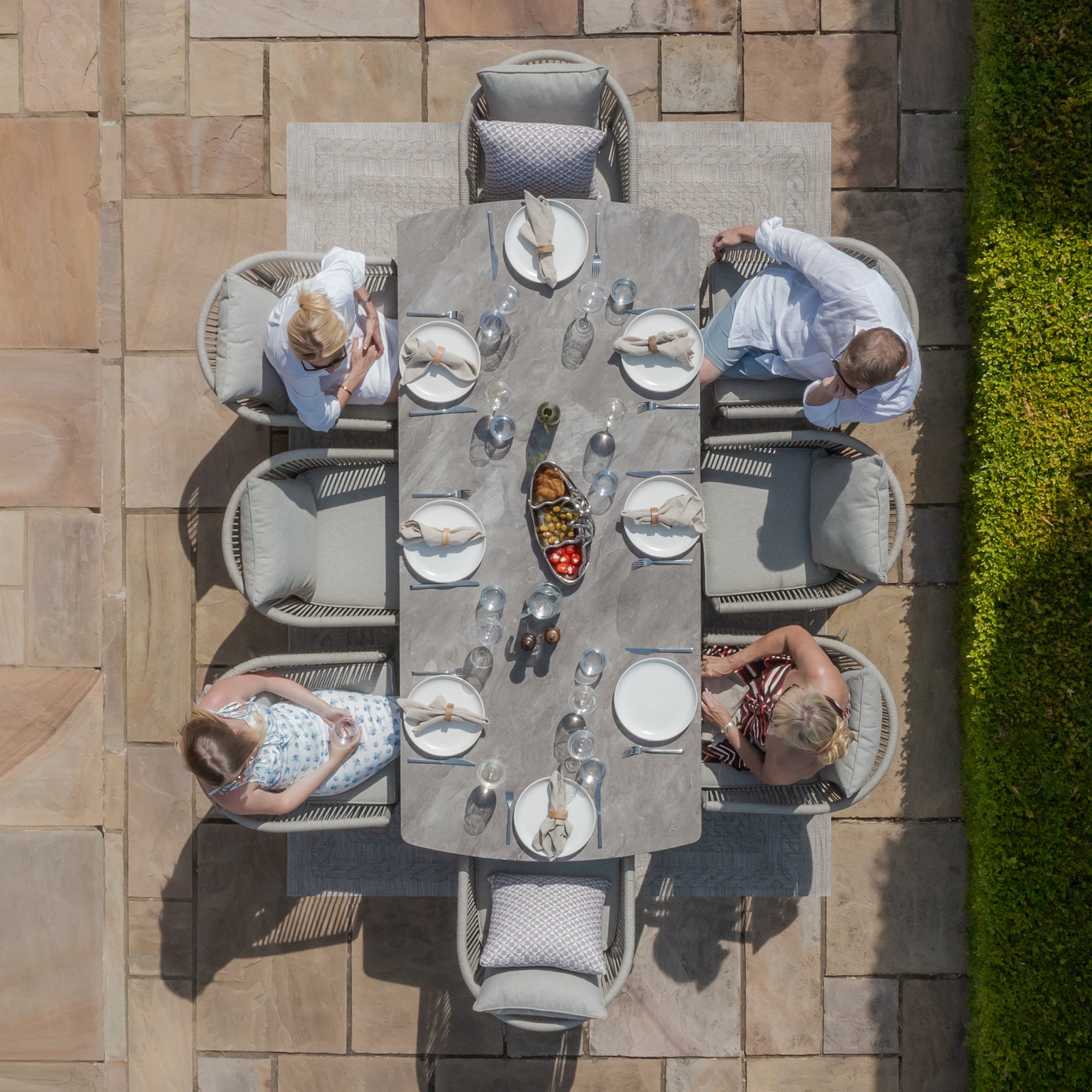 Maldives Grey Cool Linen Oval Outdoor Dining Set with Lazy Susan | 8 Seater