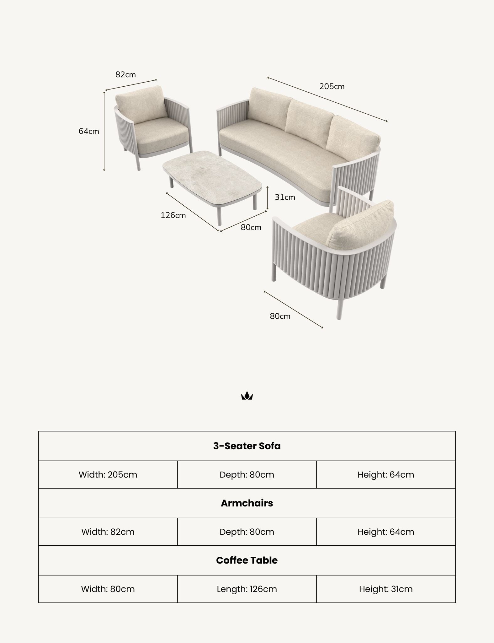Mali 5 Seater White Lounging Set with Coffee Table
