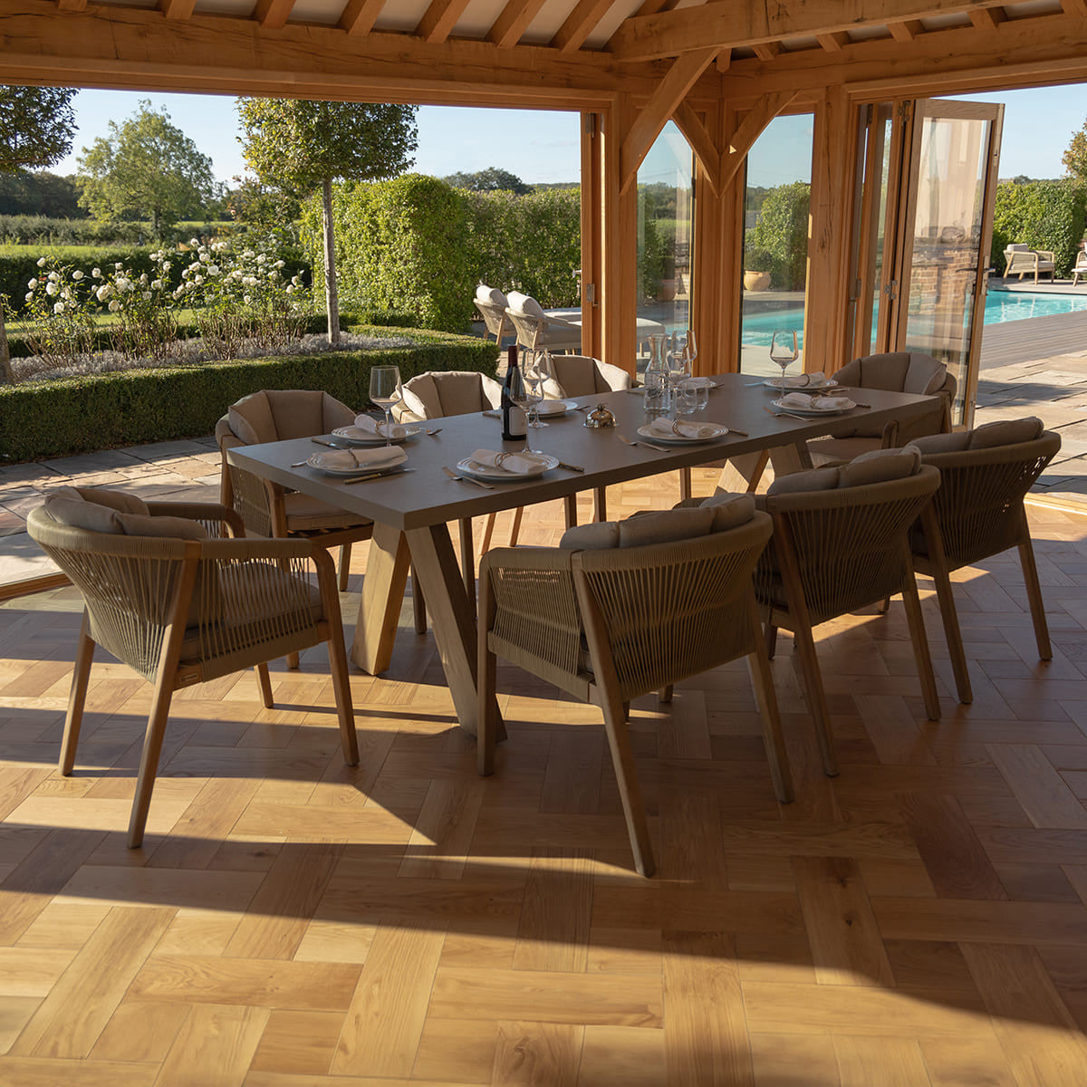 Martinique Acacia Wood Light Brown Rope Outdoor Dining Set | 8 Seater