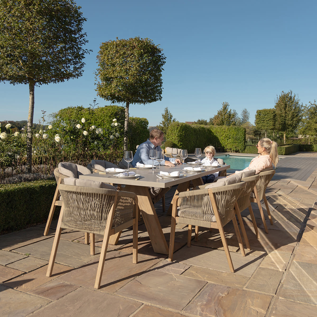 Martinique Acacia Wood Light Brown Rope Outdoor Dining Set | 8 Seater