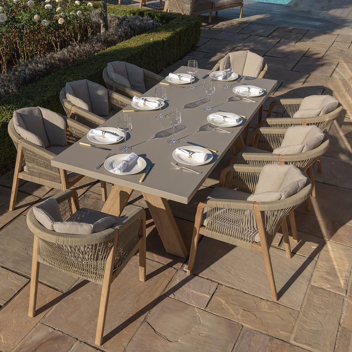 Martinique Acacia Wood Light Brown Rope Outdoor Dining Set | 8 Seater