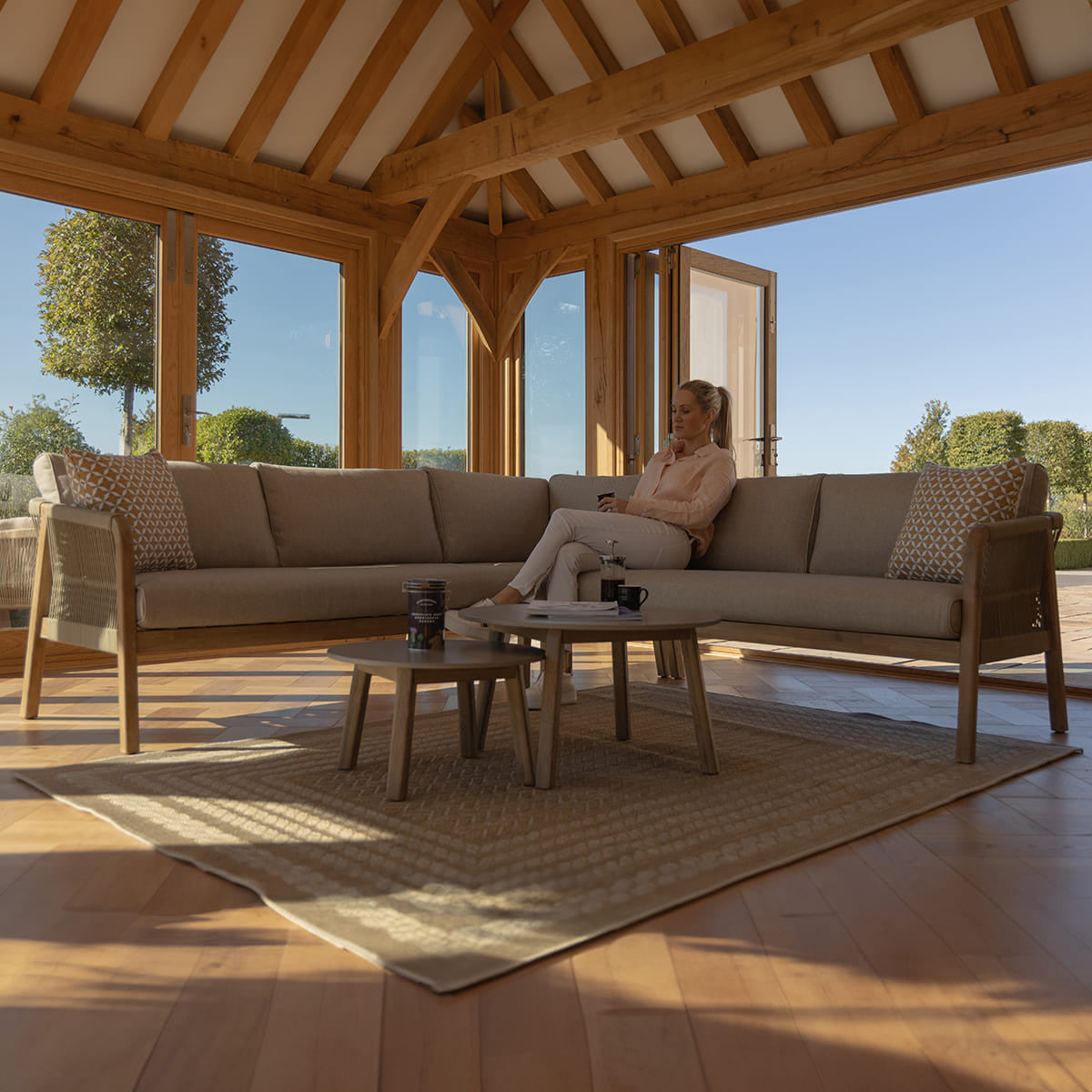 Maze Martinique Acacia Wood Light Brown Rope Outdoor Corner Sofa Set | 6 Seater