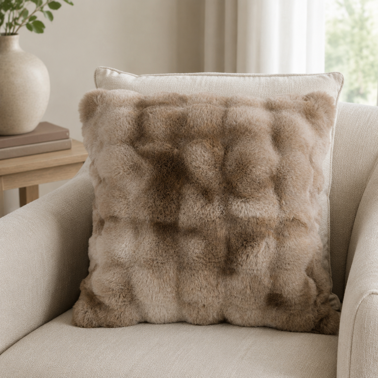 Malini Bermondsey Luxury Natural Textured Faux Fur Square Cushion 50x50 lifestyle image