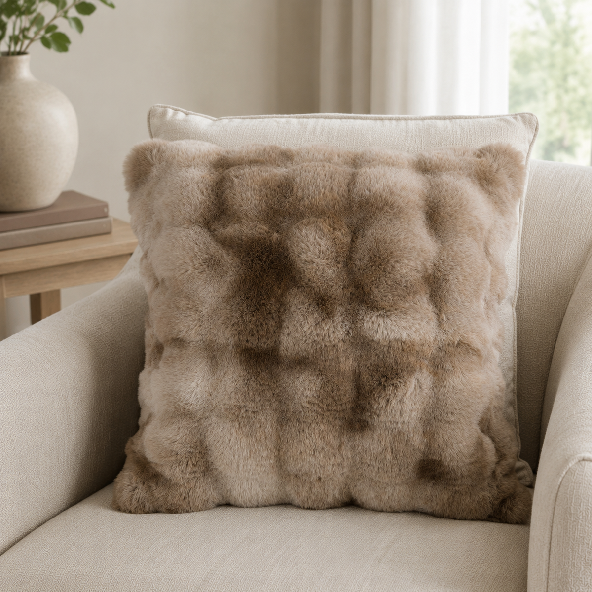 Malini Bermondsey Luxury Natural Textured Faux Fur Square Cushion 50x50 lifestyle image