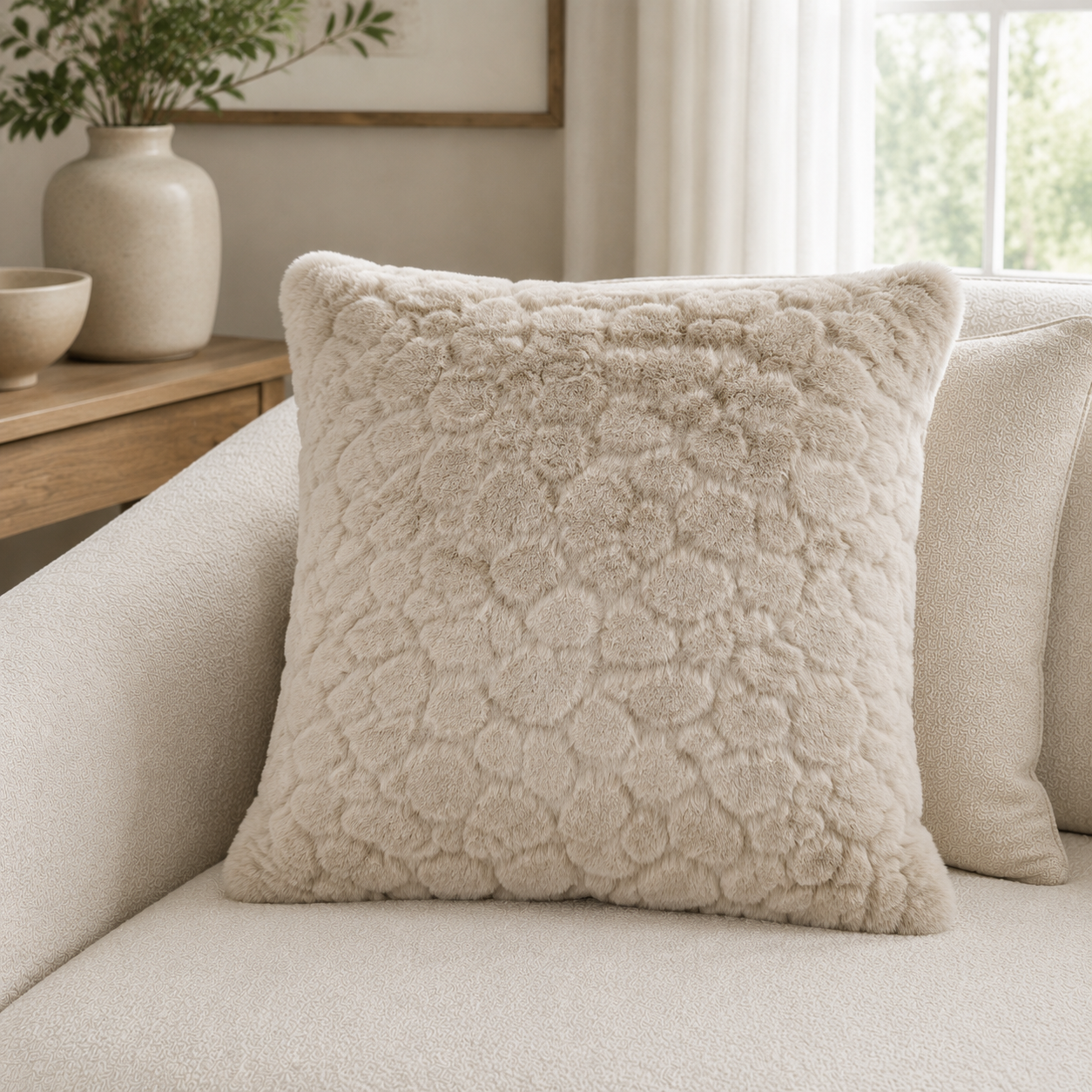 Malini Camberwell Cloud Design Faux Fur Taupe Square Cushion 50x50 lifestyle image