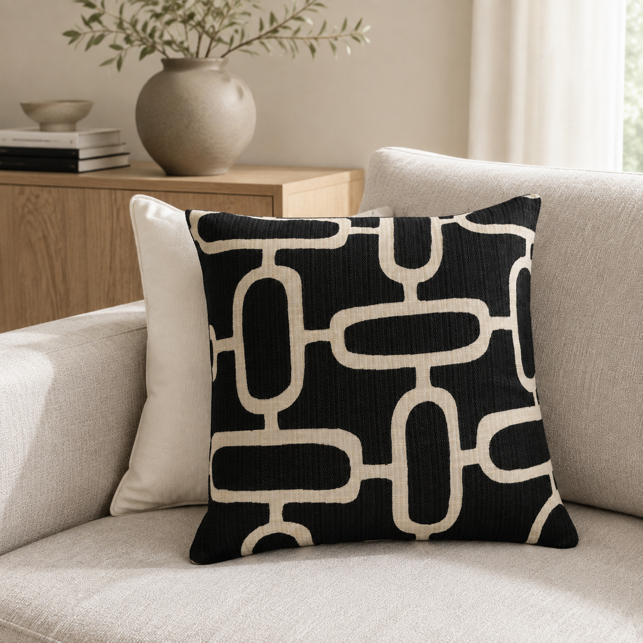 Malini Edison Abstract Chains Jacquard Black & Cream Square Cushion 50x50 styled on light neutral furniture