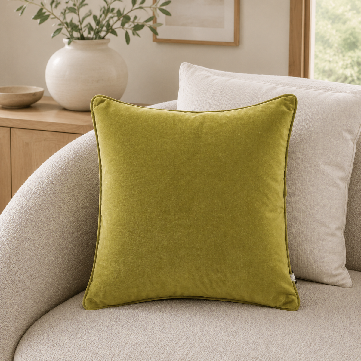 Malini Luxe acid green velvet 50x50 cushion styled on a light neutral sofa