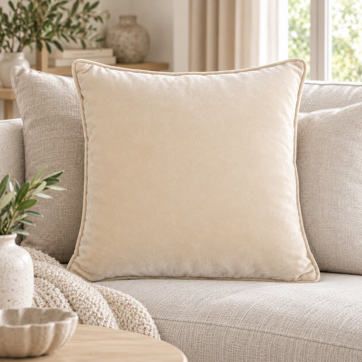 Malini Luxe Matt Champagne Velvet Square Cushion 50x50 lifestyle image
