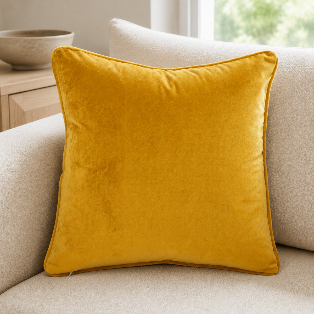 Malini Luxe Velvet Piped Cognac Square Cushion 50x50 lifestyle image