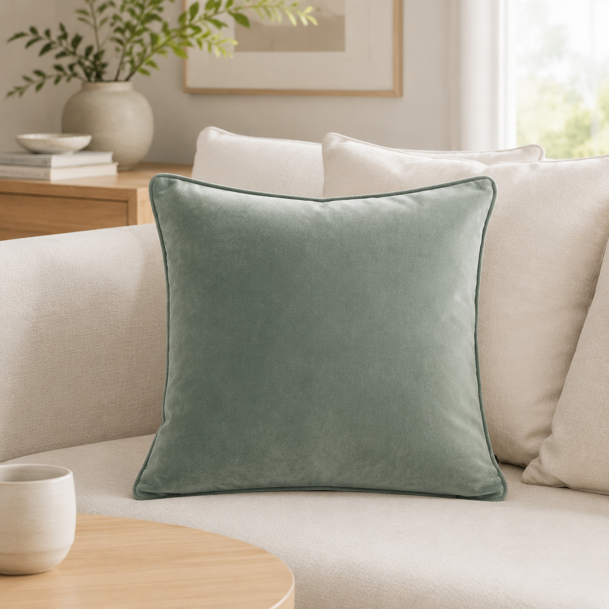 Malini Luxe eucalyptus velvet 50x50 cushion styled on a light neutral sofa