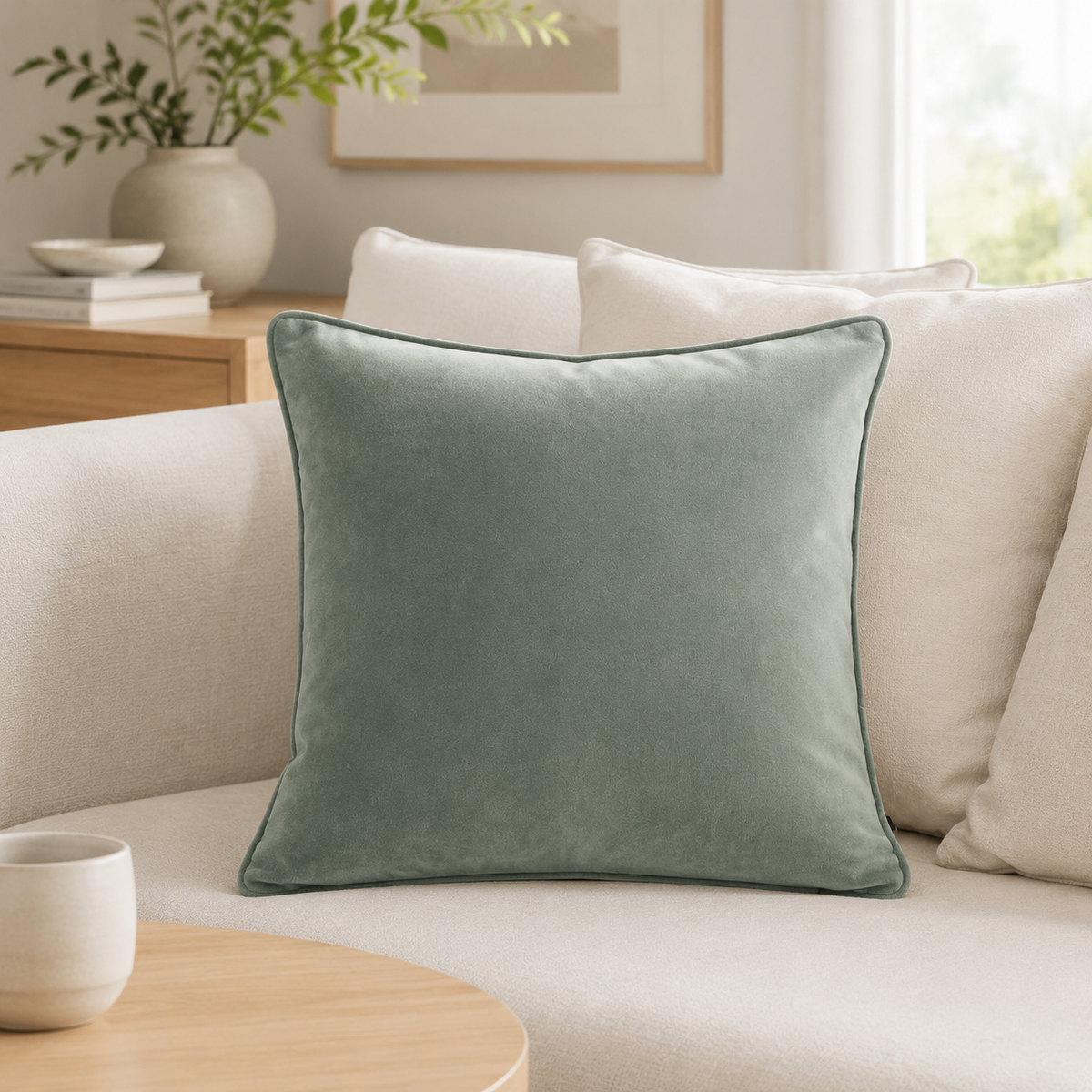 Malini Luxe eucalyptus velvet 50x50 cushion styled on a light neutral sofa