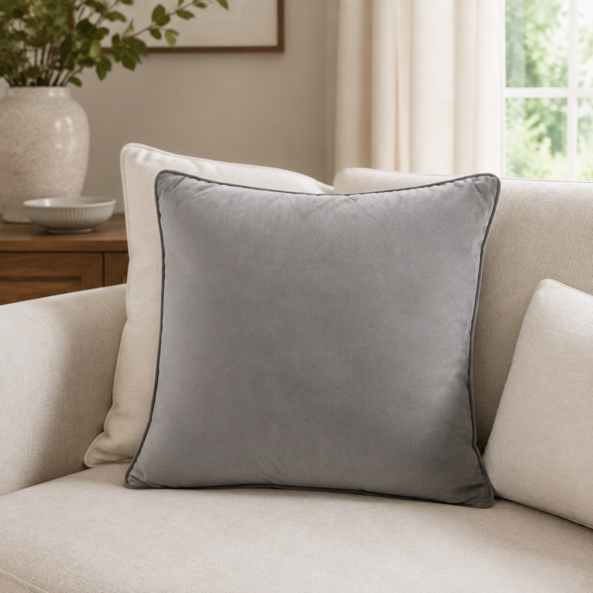 Malini Luxe grey velvet 50x50 cushion styled on a light neutral sofa