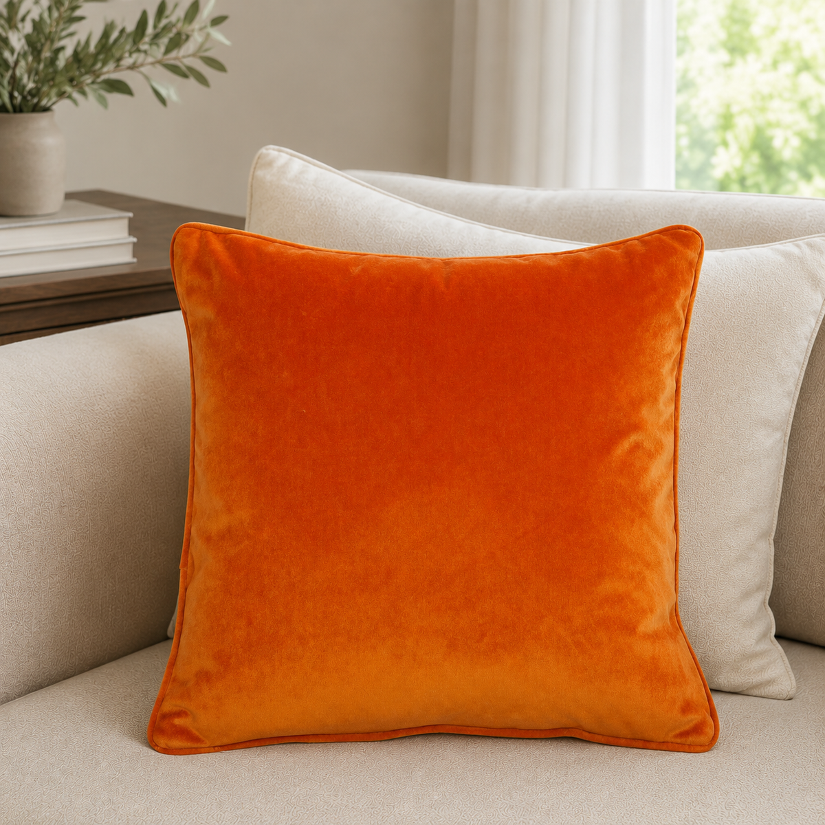 Malini Luxe Matt Velvet Orange Square Cushion 50x50 lifestyle image