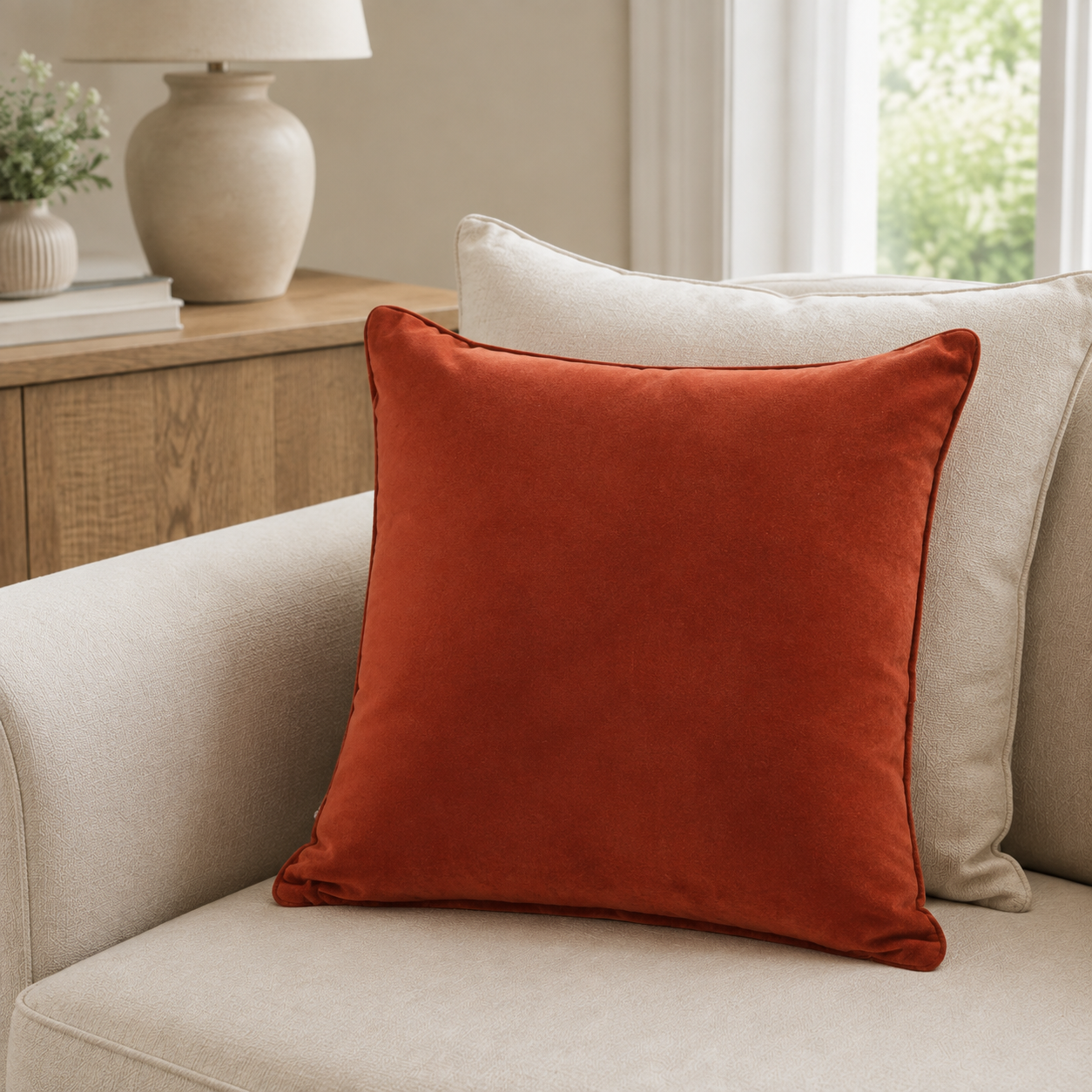 Malini Luxe paprika velvet 50x50 cushion styled on a light neutral armchair