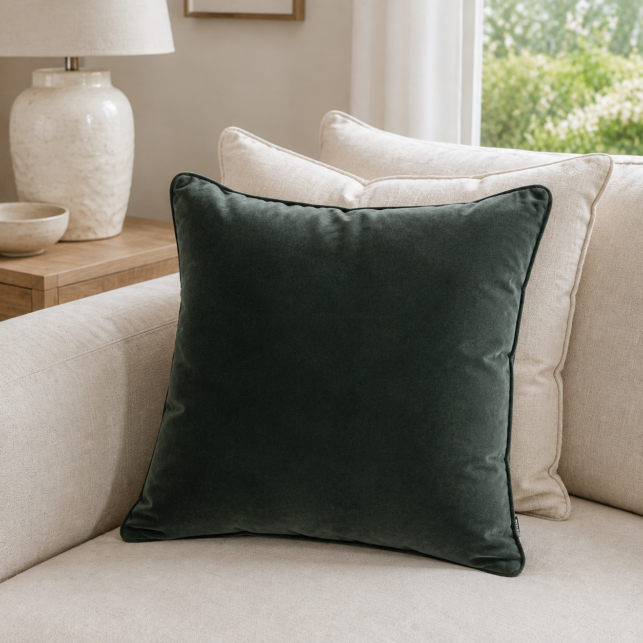 Malini Luxe pine green velvet 50x50 cushion styled on a light neutral sofa