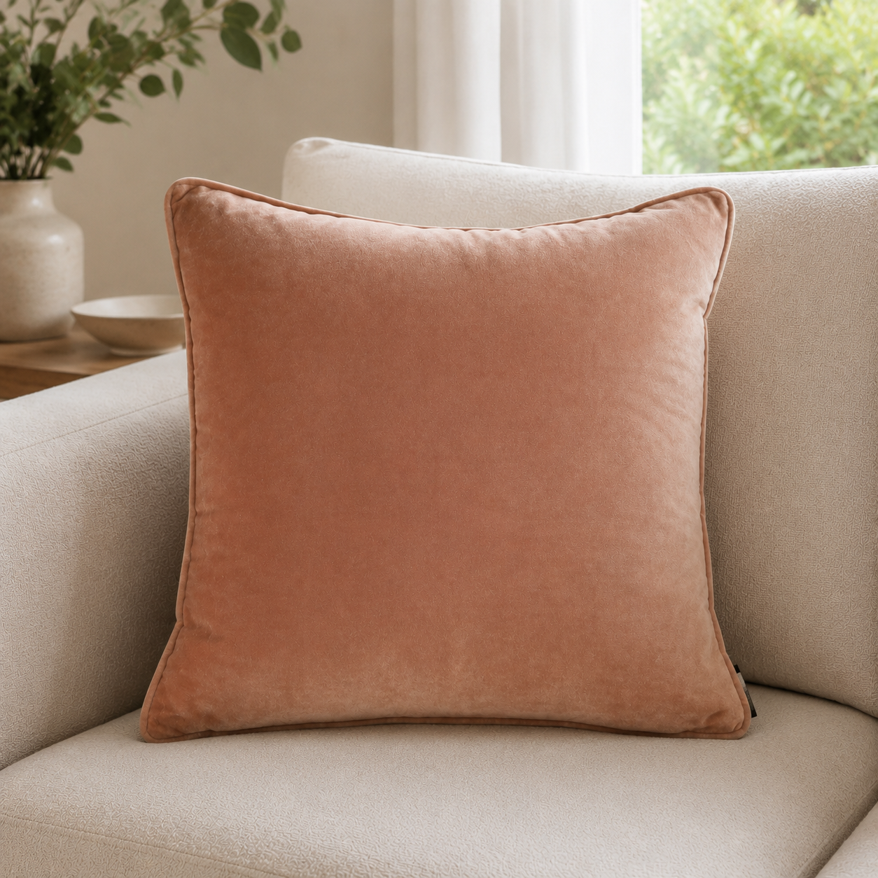 Malini Luxe Matt Velvet Putty Square Cushion 50x50 lifestyle image