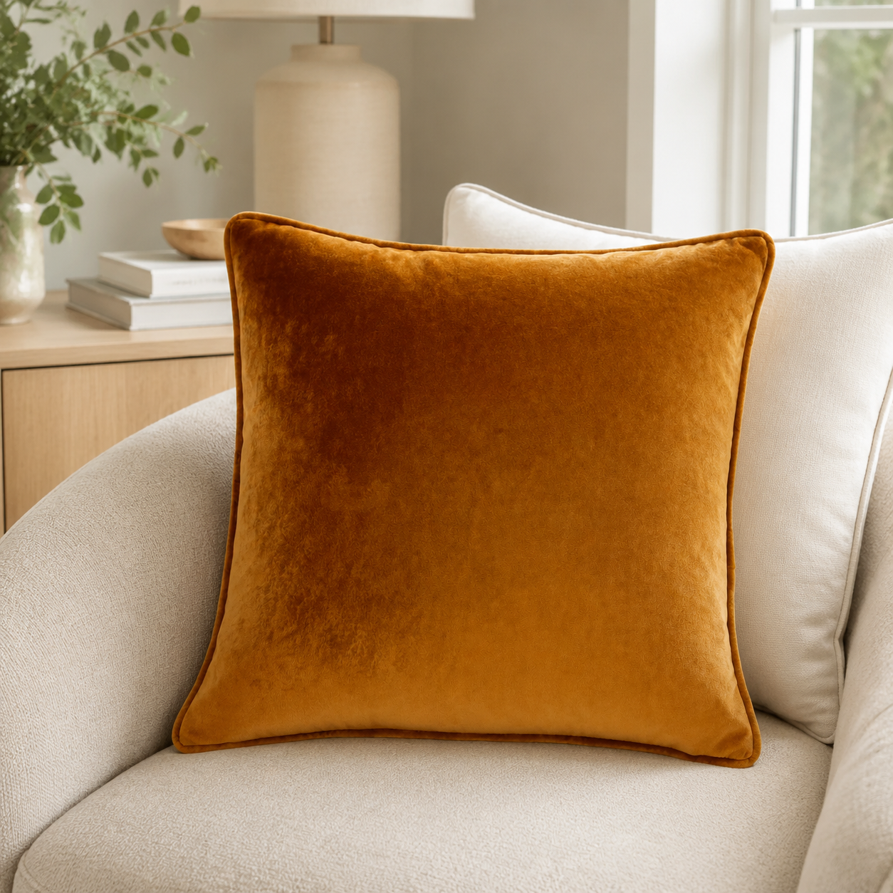Lifestyle image of Malini Luxe Tan cushion