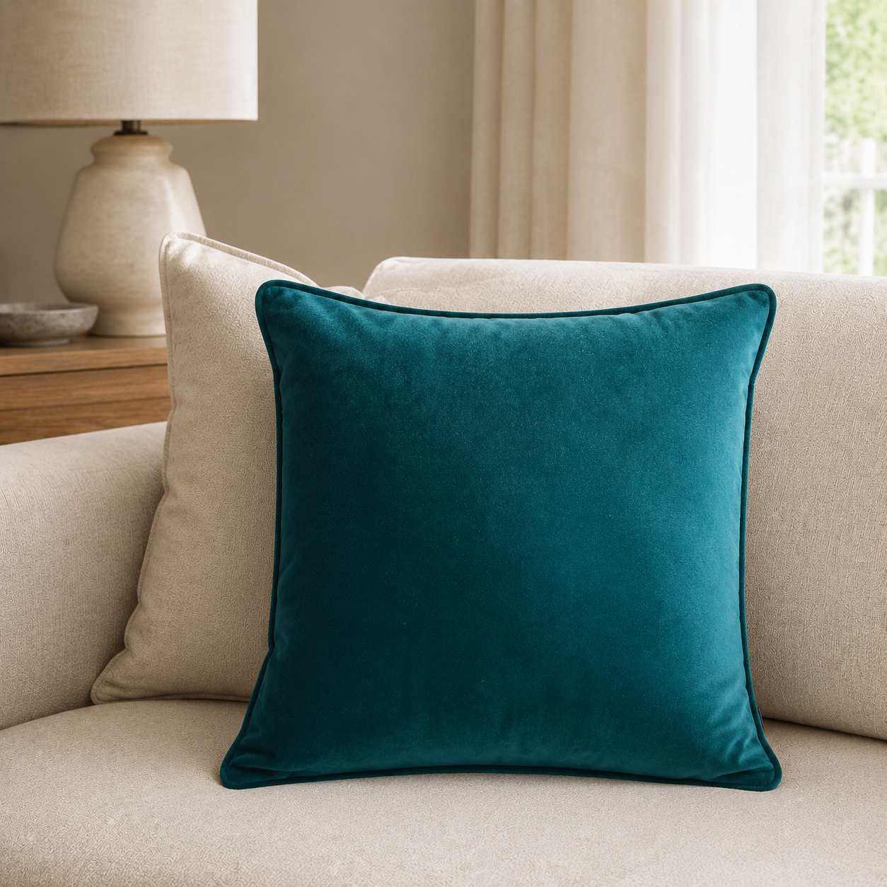 Malini Luxe Matt Velvet Teal Square Cushion 50x50 lifestyle image