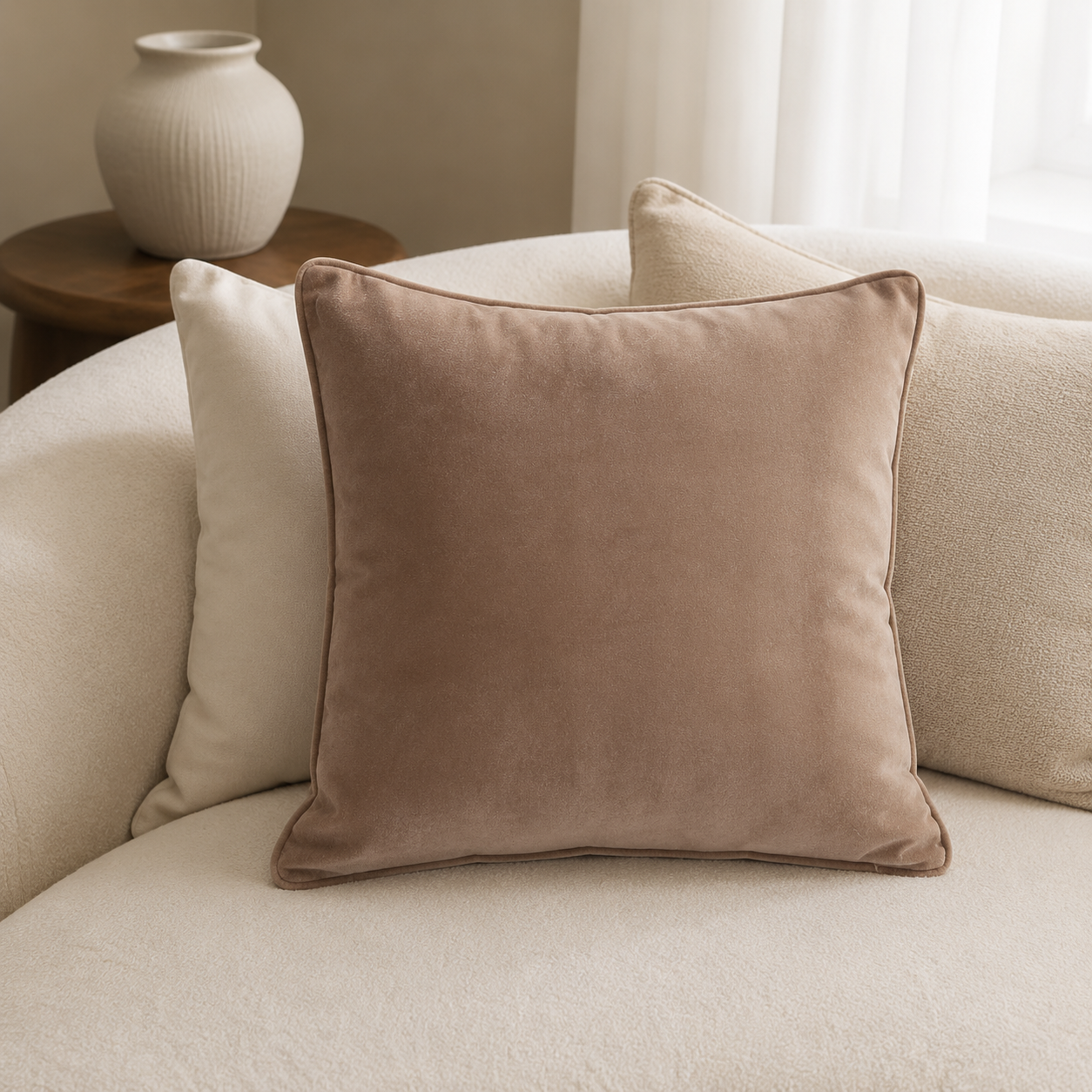Malini Luxe Matt Velvet Truffle Square Cushion 50x50 lifestyle image