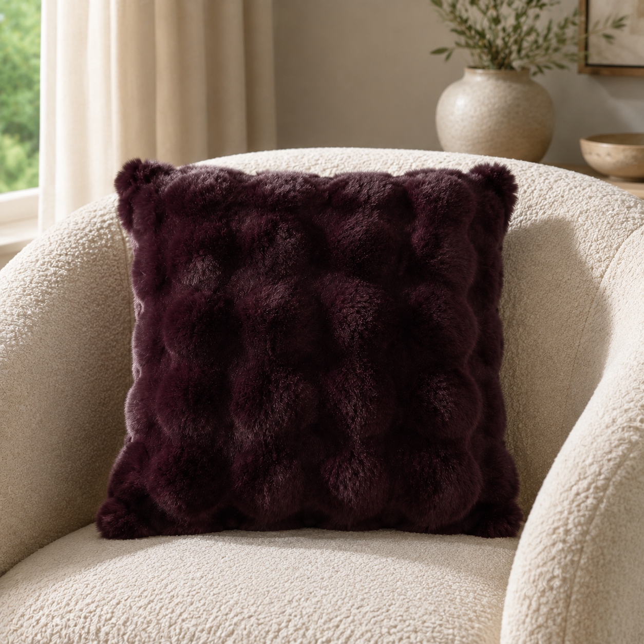 Malini Soft Bubble Cushion In Faux Rabbit Aub Square Cushion 50x50 lifestyle image
