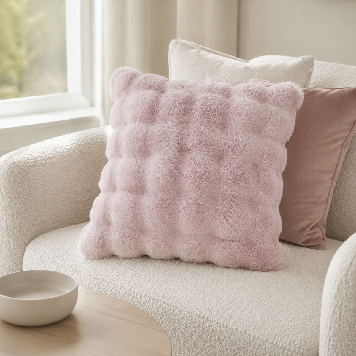 Malini Raffles Baby Pink 50x50 faux fur cushion styled on a light neutral armchair