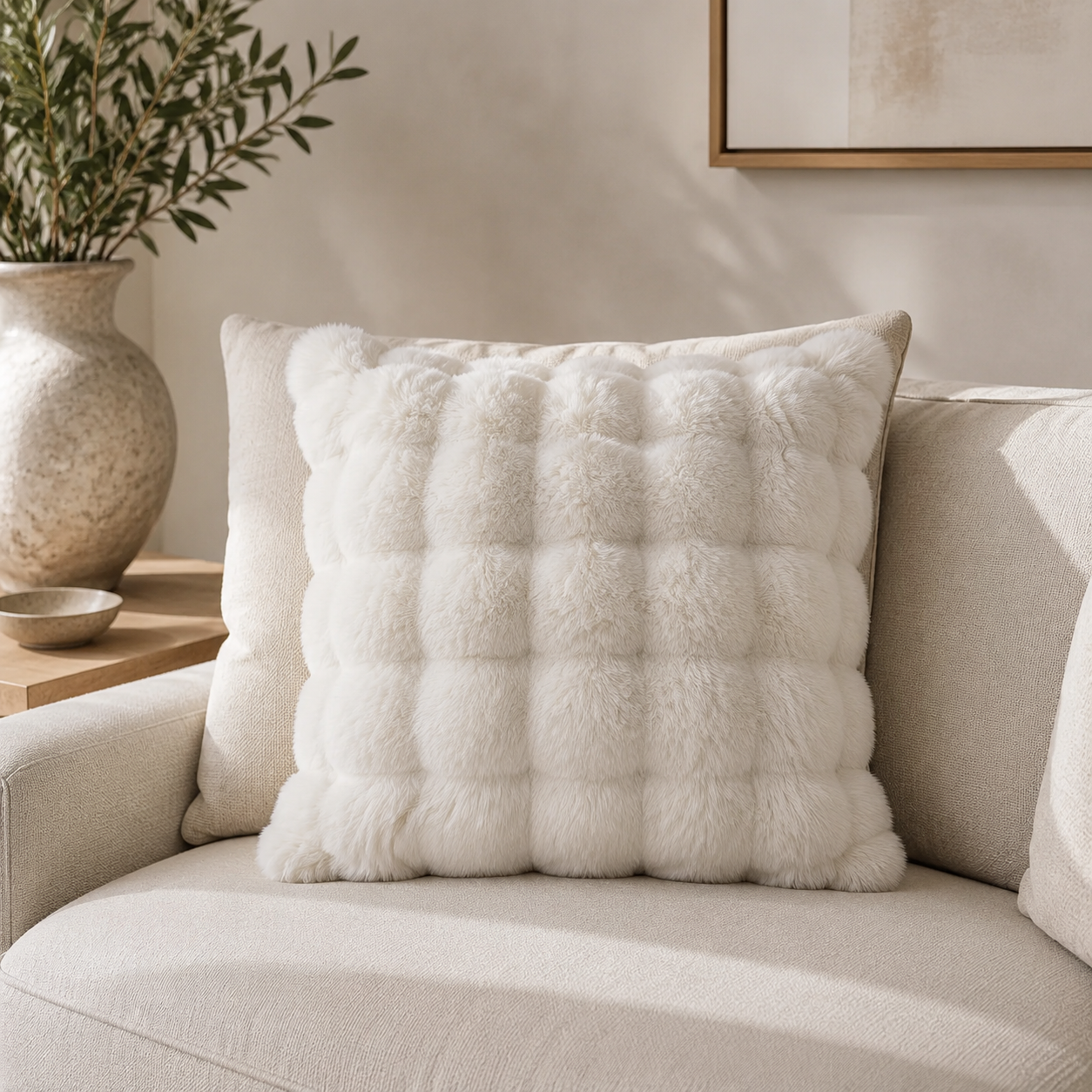 Malini Raffles white faux fur 50x50 cushion styled on a light neutral sofa