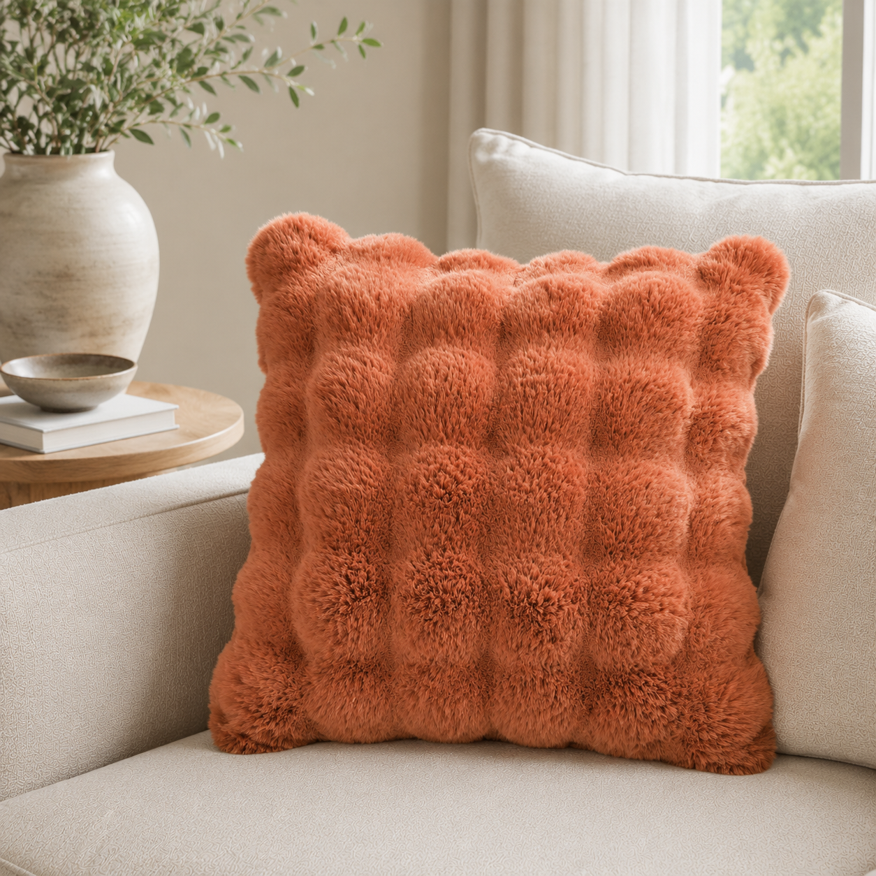 Malini Raffles Orange 50x50 cushion styled in a neutral living room