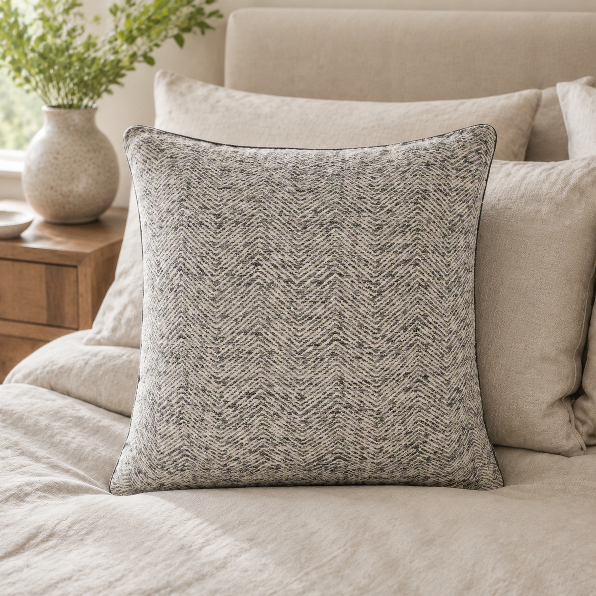 Malini Ripple Woven Slub Charcoal Grey Square Cushion 50x50 lifestyle image