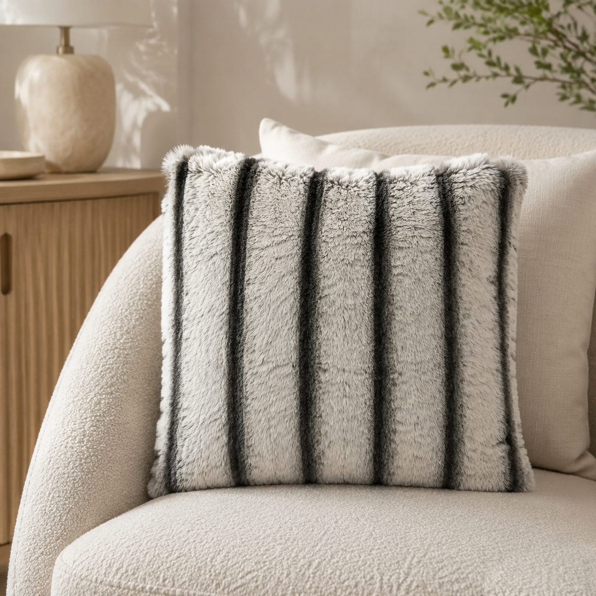 Malini Sydney Grey Black Faux Fur Cushion 50x50 lifestyle image