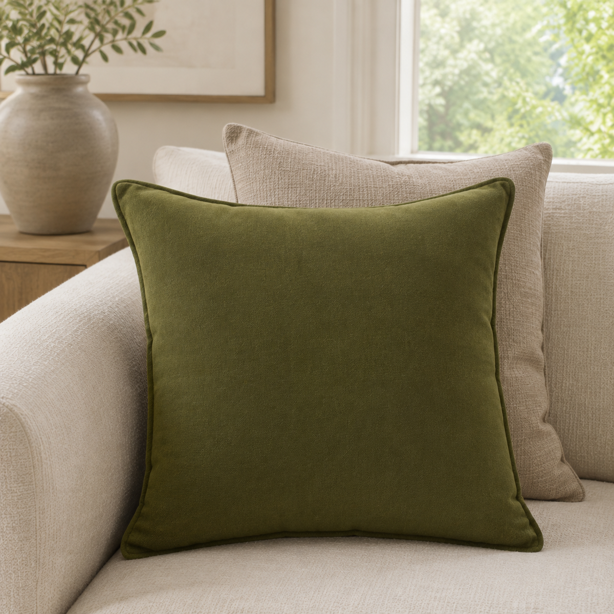 Malini Tia Olive Green 50x50 cushion lifestyle image