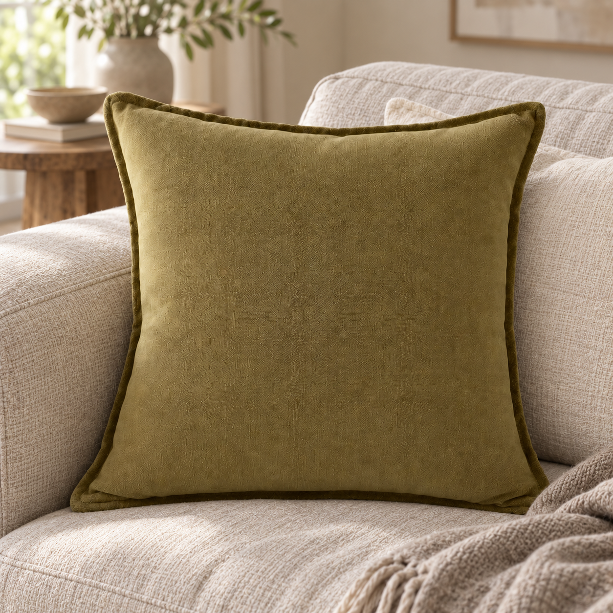 Malini Tia Sand Square Cushion 50x50 lifestyle image