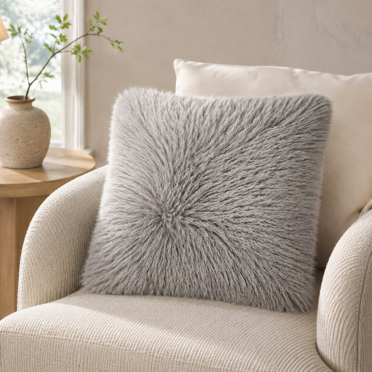Malini Tibet Grey faux Mongolian 50x50 cushion lifestyle image