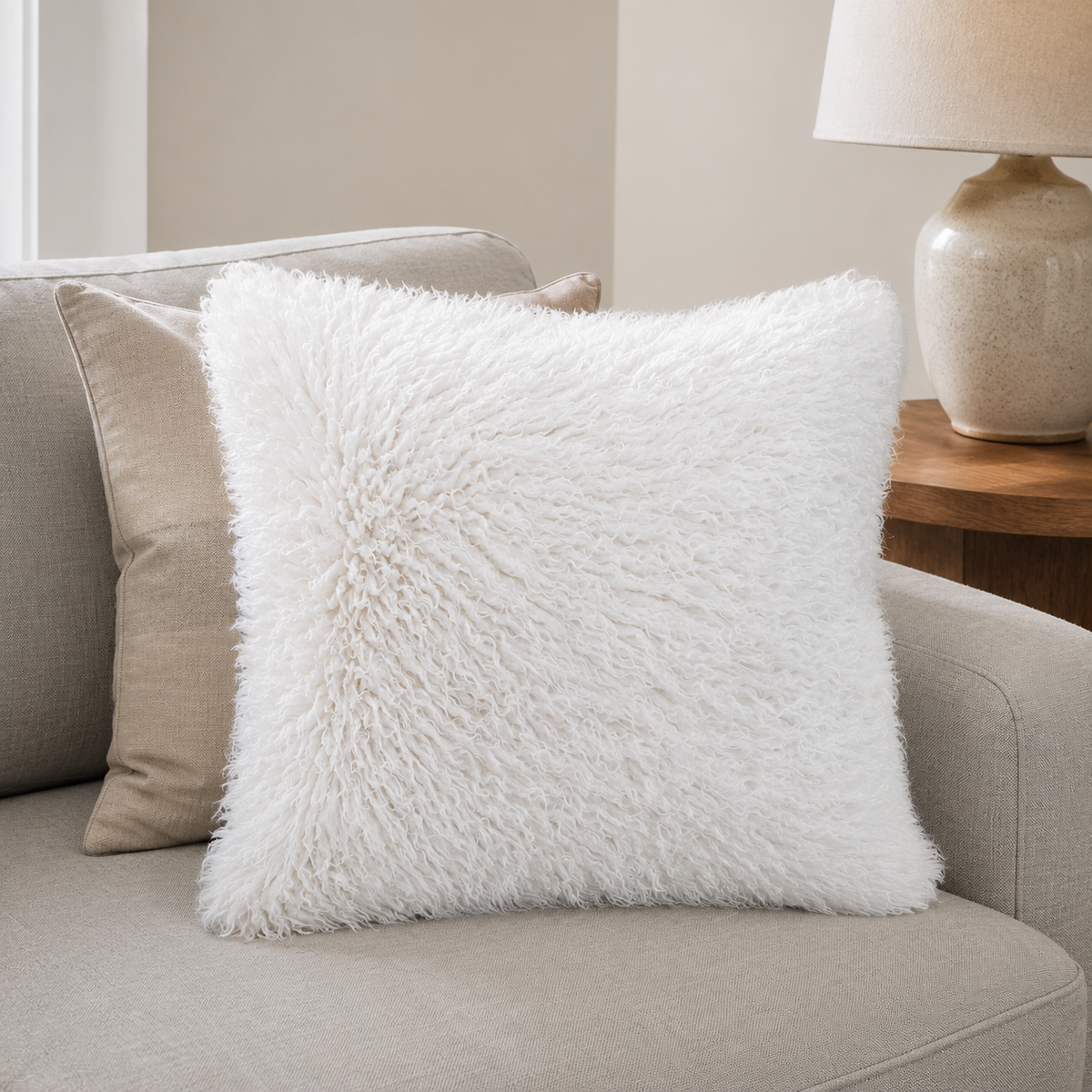 Malini Tibet White faux Mongolian 50x50 cushion lifestyle image