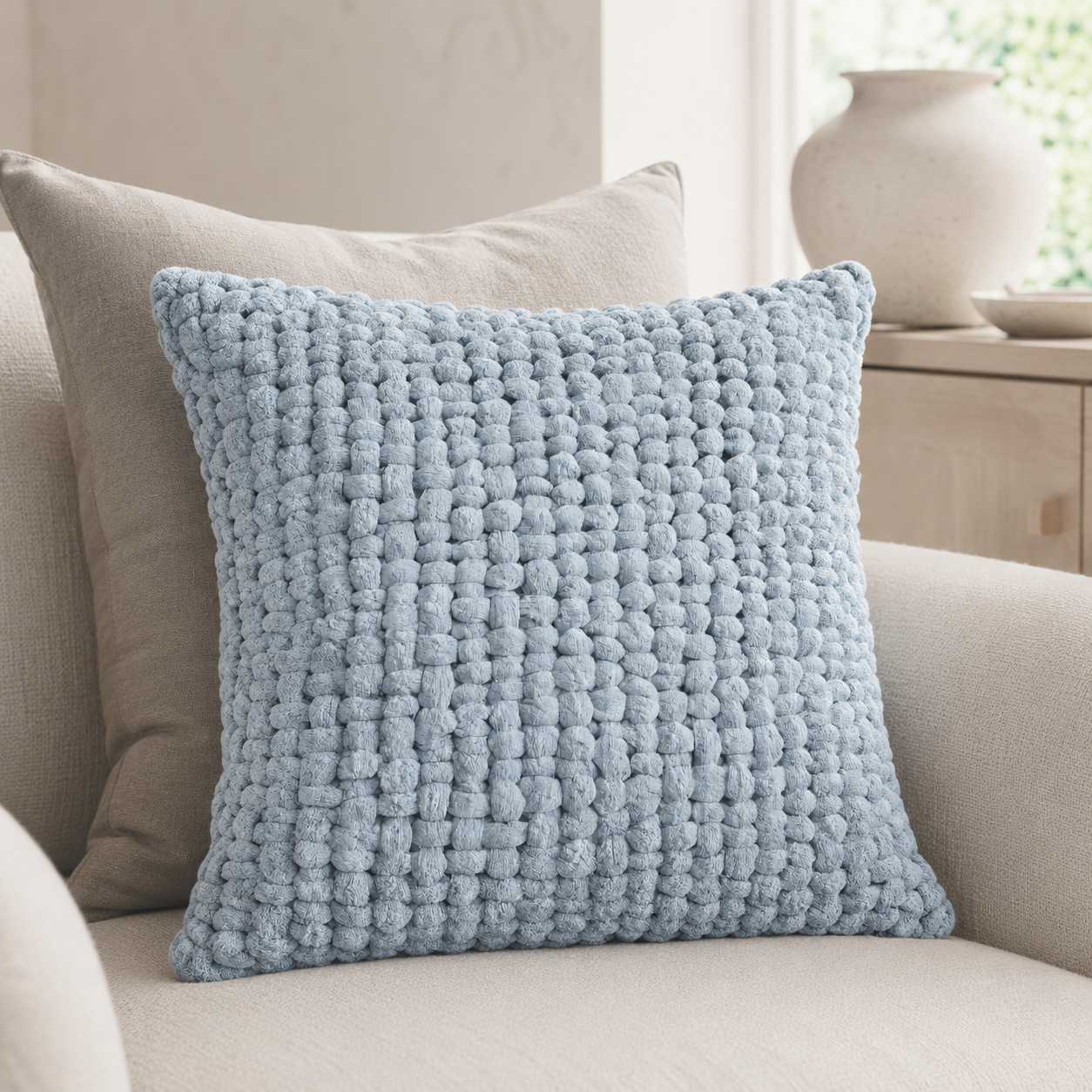 Malini Tuffra Duck Egg Blue Square Cushion 50x50 in a neutral living room
