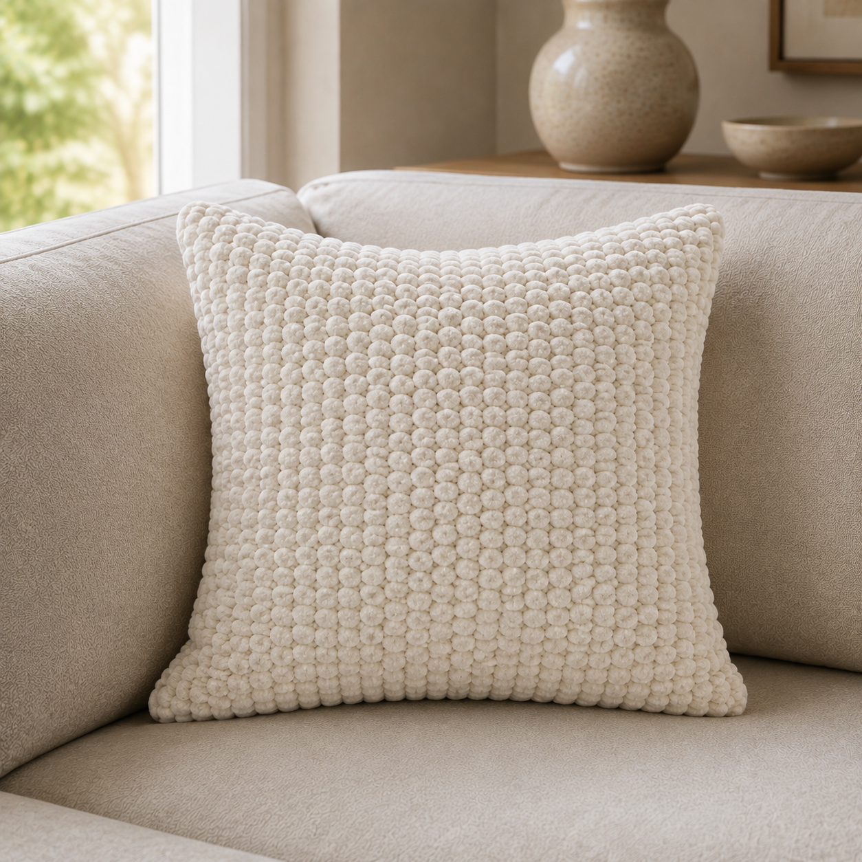 Malini Soft Bobble Texture Ivory Square Cushion 50x50 lifestyle image