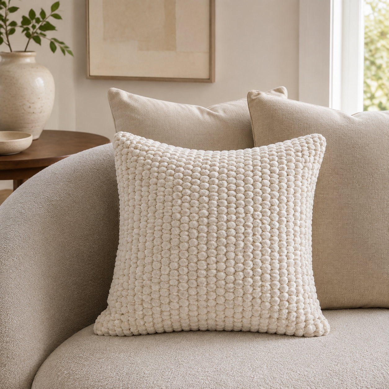 Malini Tuffra Ivory 50x50 cushion styled in a neutral living room