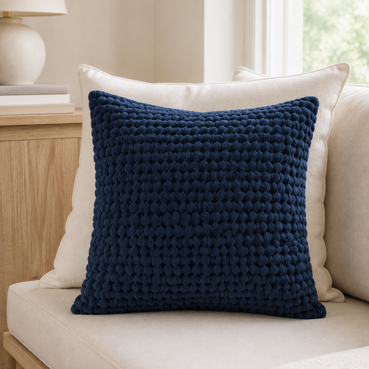 Malini Tuffra Navy 50x50 cushion styled in a neutral living room