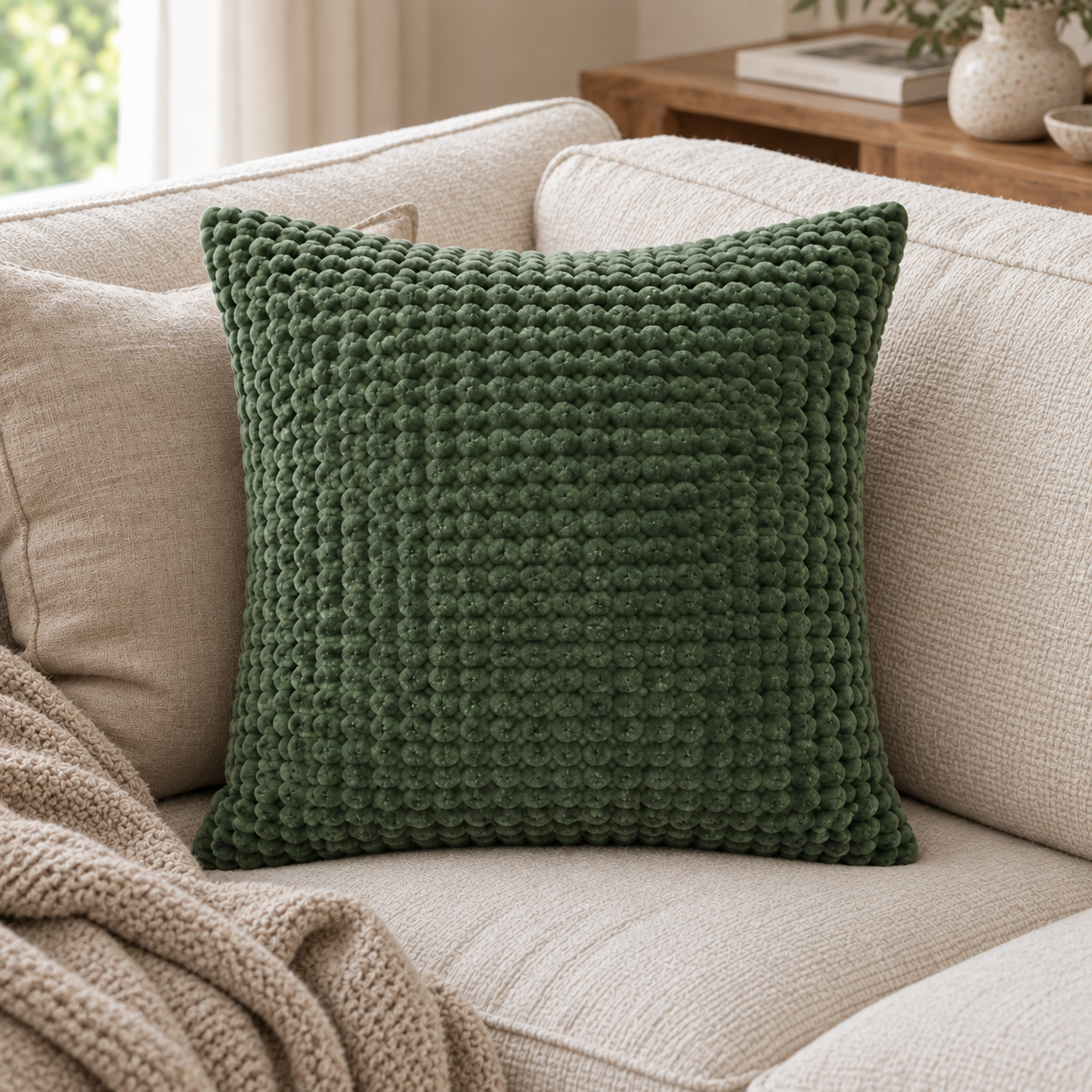 Malini Soft Bobble Texture Olive Square Cushion 50x50 lifestyle image