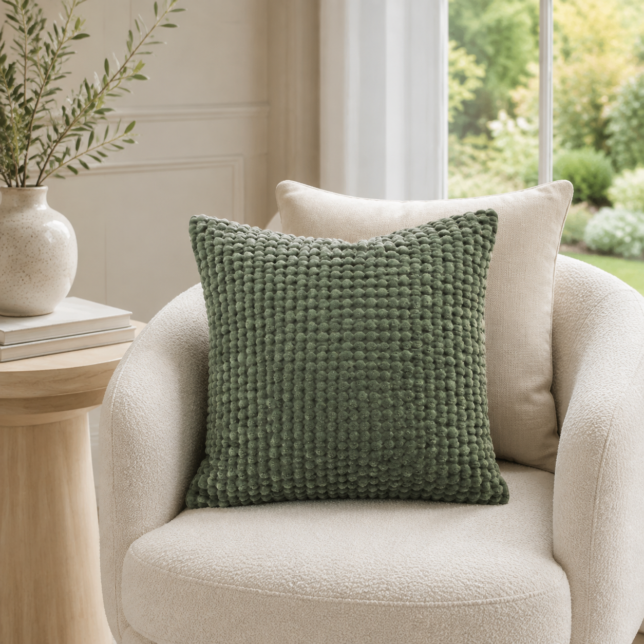 Malini Tuffra Olive 50x50 cushion styled in a neutral living room