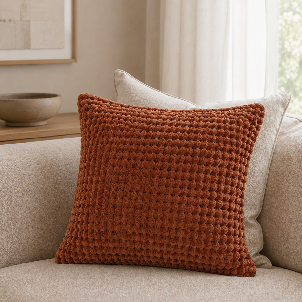 Malini Tuffra Rust 50x50 cushion styled in a neutral living room