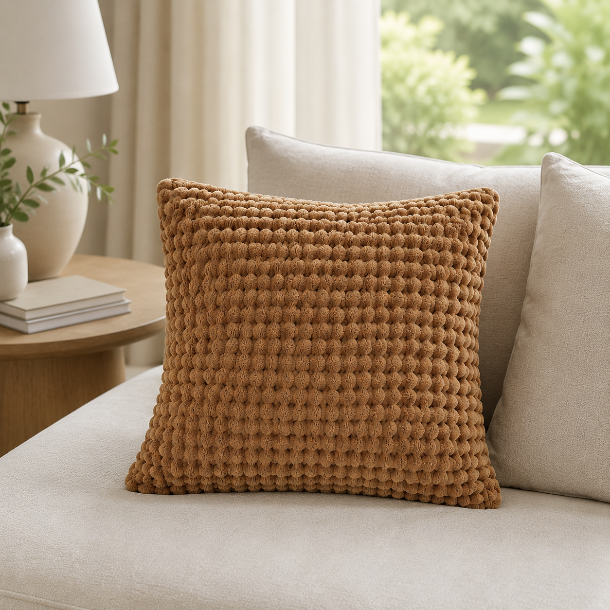 Malini Tuffra Tan 50x50 cushion styled in a neutral living room