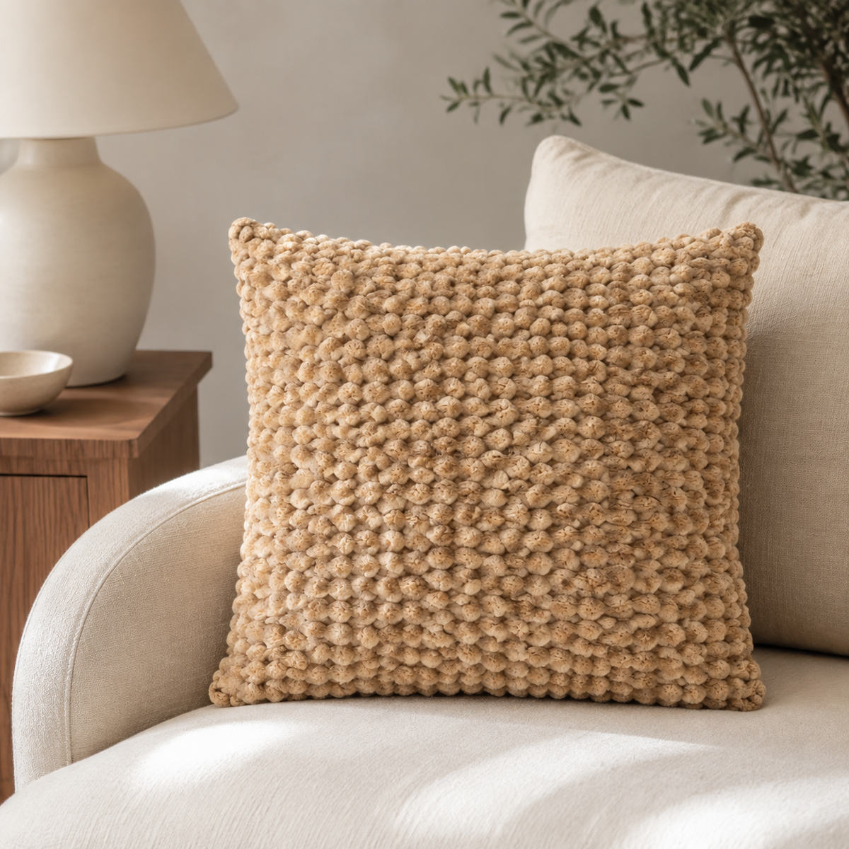 Malini Tuffra Whiskey Brown Square Cushion 50x50 in a neutral living room