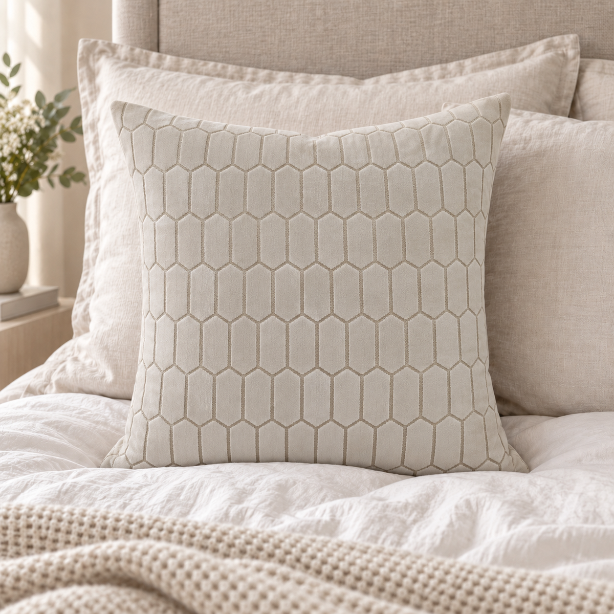 Malini Albie Velvet Honeycombe Ivory Square Cushion 56x56 in a cosy interior with natural daylight