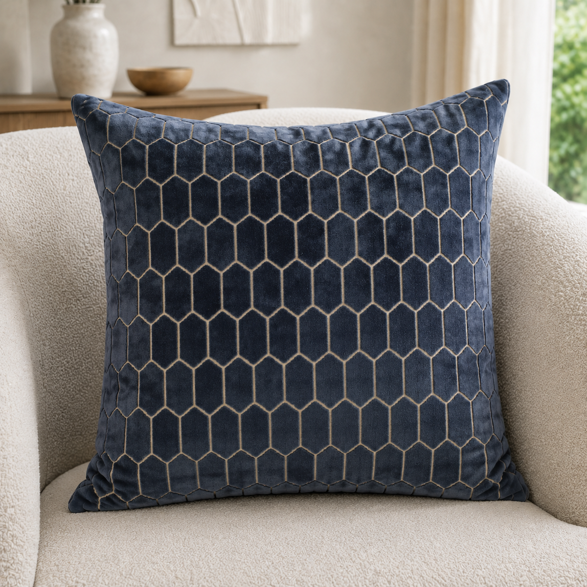 Malini Cut Velvet Honeycombe Navy Square Cushion 56x56 lifestyle image