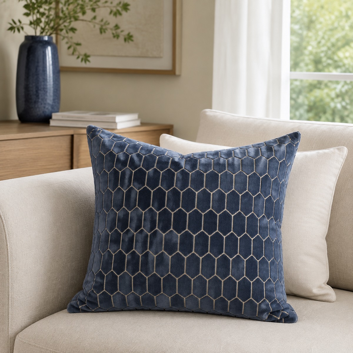 Malini Cut Velvet Honeycombe Navy Square Cushion 56x56 lifestyle image
