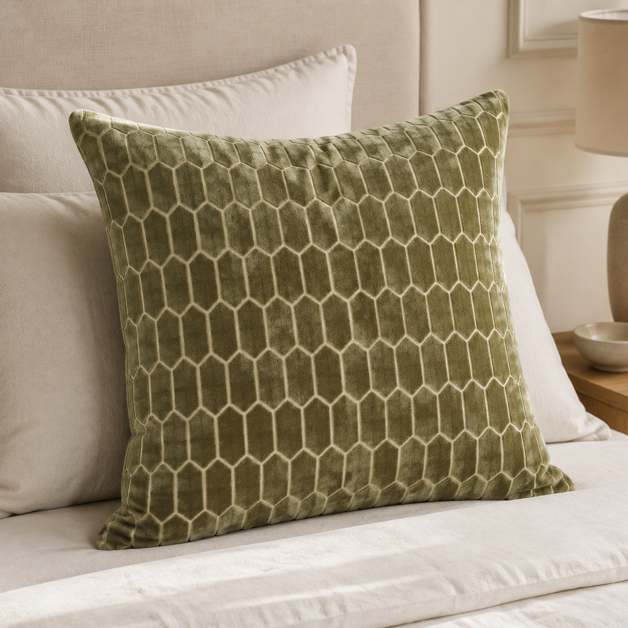 Malini Cut Velvet Honeycombe Olive Square Cushion 56x56 lifestyle image